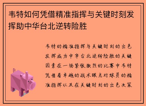 韦特如何凭借精准指挥与关键时刻发挥助中华台北逆转险胜